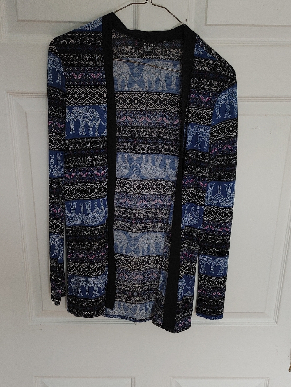 Rue21 Blue and Black Patterned Open-Front Cardigan